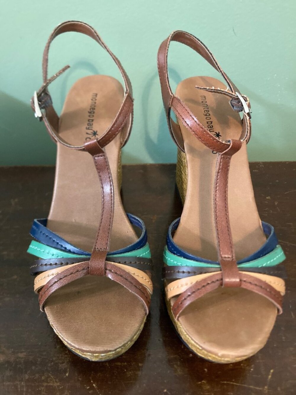 Montego Bay Club Sonny Brown Strappy Wedge Sandals Size 8 With Multicolor Accent